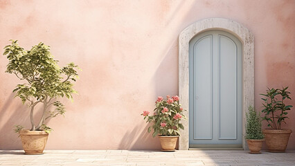 Fototapeta na wymiar Old blue Door and flower pots on the street in mediterranean. generative ai 