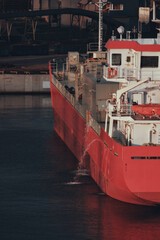Ballast operations on board the cargo ship in the port. Ballast waters treatment system and...