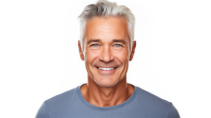 Obraz premium A middle-aged gray-haired man in gray casual clothes smiling broadly against a gray background. Created with Generative AI technology.