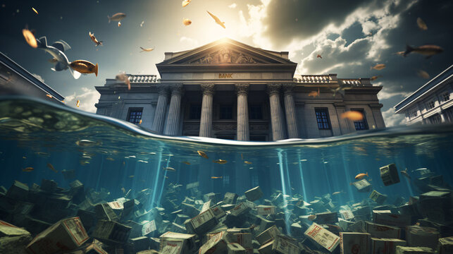 Drowning Bank Building as Illustration for Global Bankruptcy and Crisis in Finance Technologies. Debt with financial instability or insolvency concept.