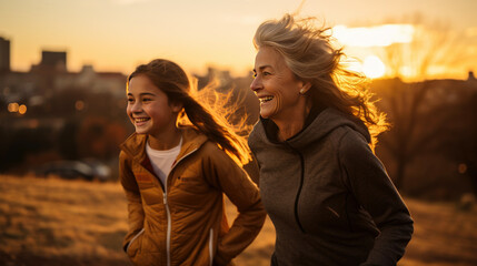 senior woman and family exercise in the morinng. joyful
healthy family running with sunset.