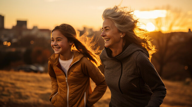 Senior Woman And Family Exercise In The Morinng. Joyful 
Healthy Family Running With Sunset.