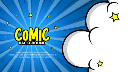 Obraz premium Pop art comic background with clouds and stars. Cartoon Vector Illustration