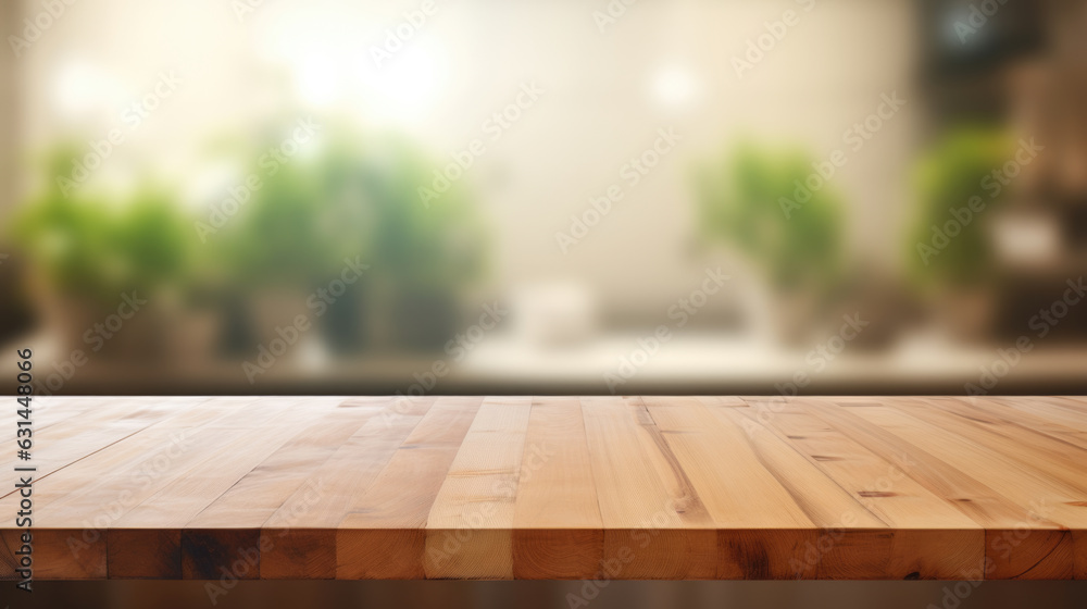 Poster wooden board blank table in front of a blurry background. created with generative ai technology.