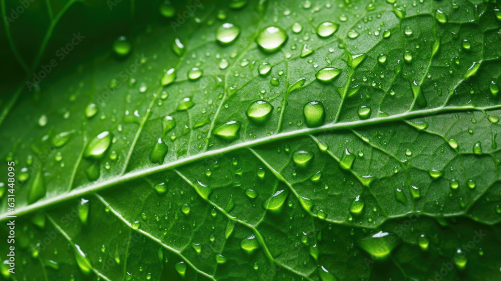 Poster texture of green leaf with water drops. created with generative ai technology.