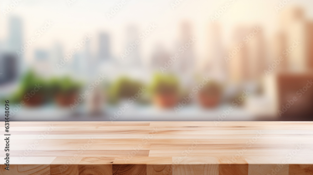 Aufkleber wooden board blank table in front of a blurry background. created with generative ai technology.