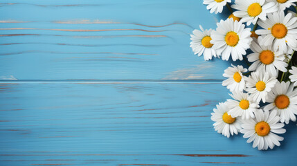 White daisy flowers on blue wooden tabletop background.Created with Generative AI technology.