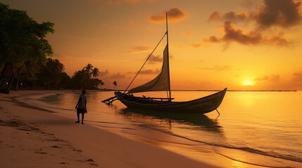 Sunset on the beach with finishing boat view 