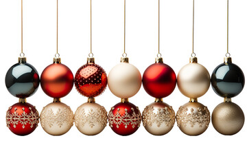 a collection of a variety size of hanging Christmas balls in a white background isolated PNG
