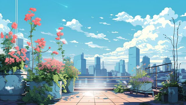 rooftop view of buildings in the city with lots of flowers around. Seamless looping animated background. Animated looping background.