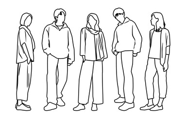 Vector silhouettes of  men and a women, a group of standing  business people,  linear sketch, black and white color isolated on white background