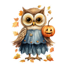 Watercolor Cute Autumn Owl Fall Season (AI Generated)