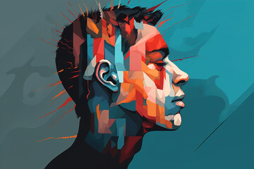 Male depression, stress, melancholy, pain, psychology art illustration concept. Side view of sad suffering young guy with eyes closed