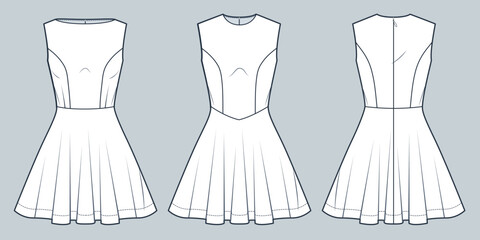 Women's mini Dress technical fashion Illustration. Dress with circle skirt fashion technical drawing template, round and boat neck, sleeveless, zip-up, front, back view, white, women CAD mockup set.