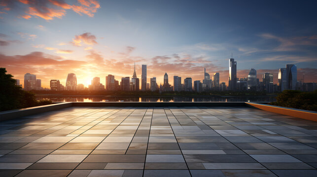 Modern building exterior cityscape background. Sunrise scene. Empty cement floor with steel pavement, 3D style.