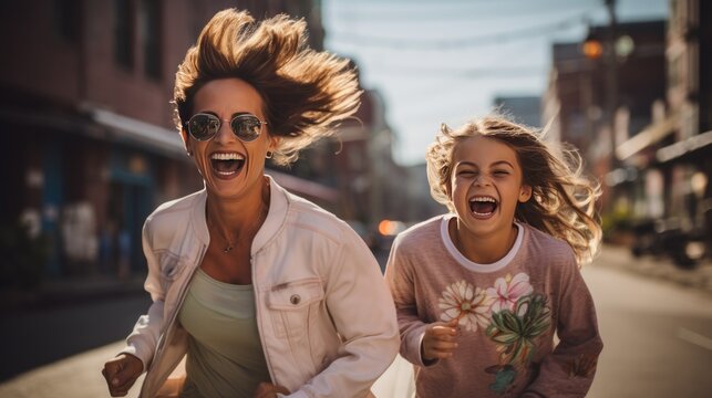 middle age and childen exercise in the morinng. joygul 
 healthy family running with sunset.