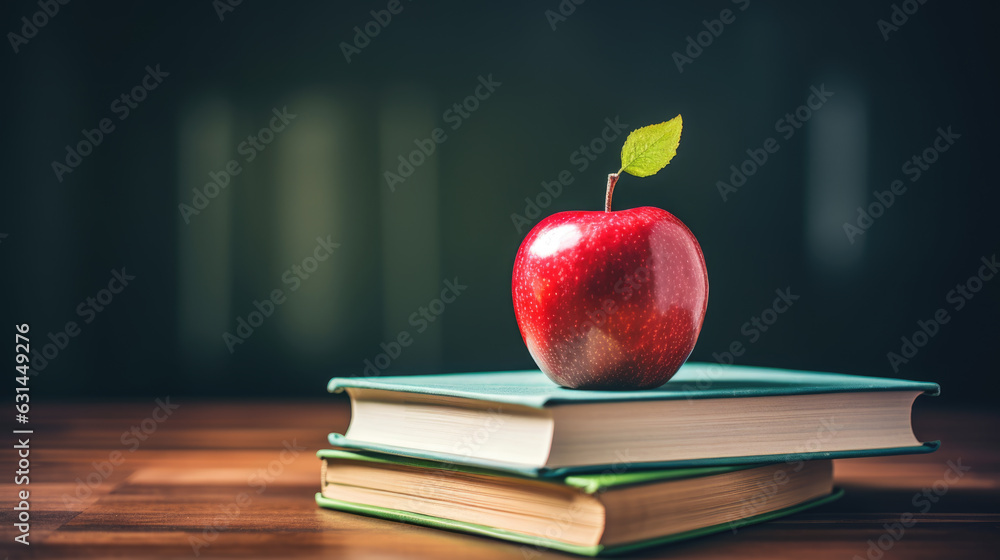 Poster back to school concept. apple and book on school blackboard background.created with generative ai te