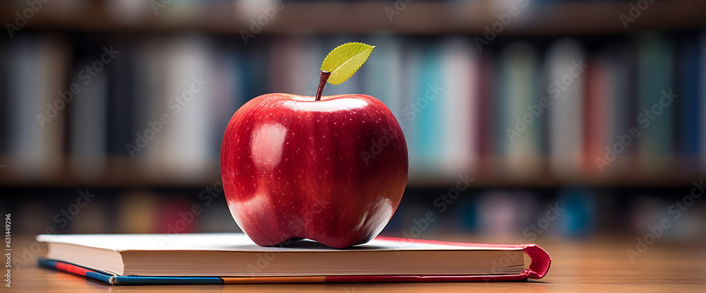 Aufkleber back to school concept. apple and book on blurred library background.created with generative ai tech