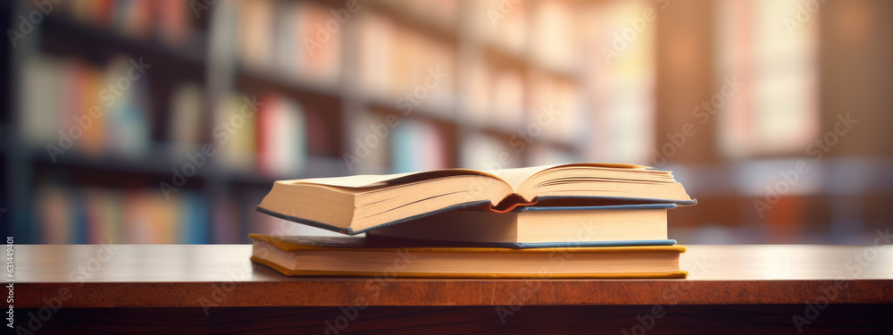 Poster book stack on wood desk and blurred bookshelf in the library room.created with generative ai technol