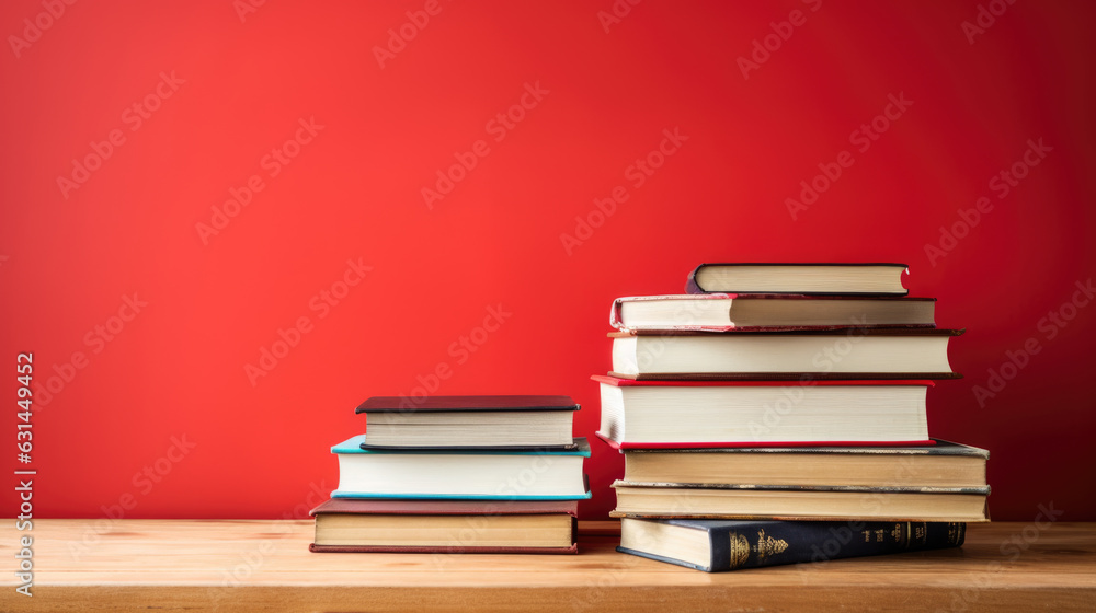 Poster stack of books on wooden table against a red background. created with generative ai technology.