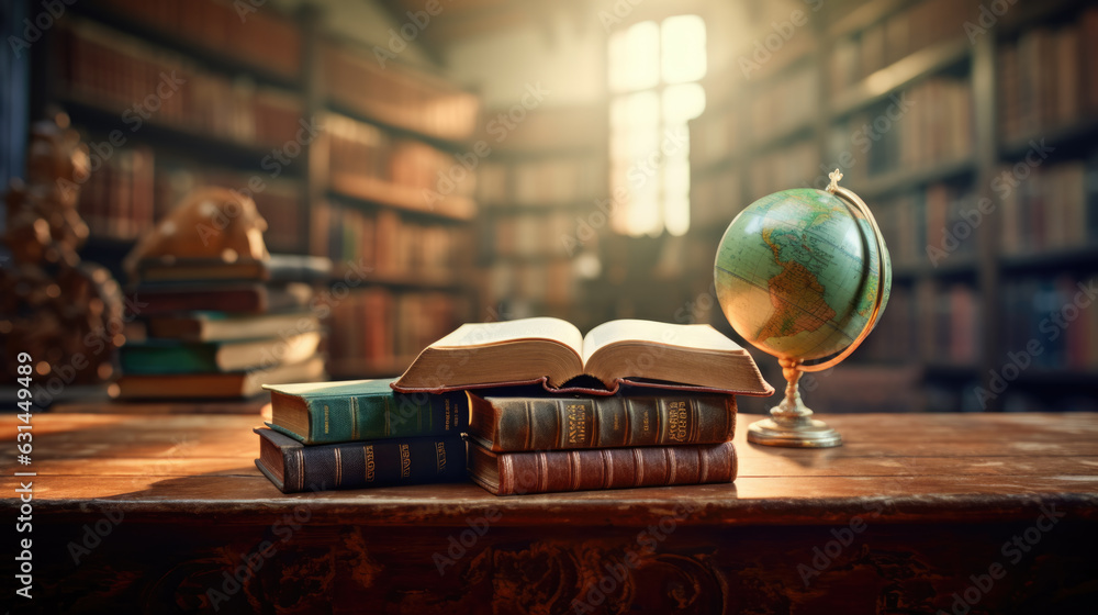 Poster open book on piles of books on library background.created with generative ai technology.