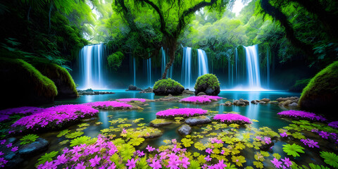Flowering tropical forest with waterfalls, jungle, ai generated