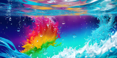 Multicolor clear water, splashes and drops