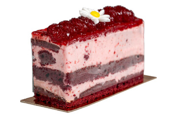 Slice cake with fruit isolated on white background. Delicious cake with raspberry sauce and cream
