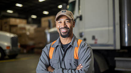Fototapeta premium Happy smiling truck driver. Created with Generative AI technology.