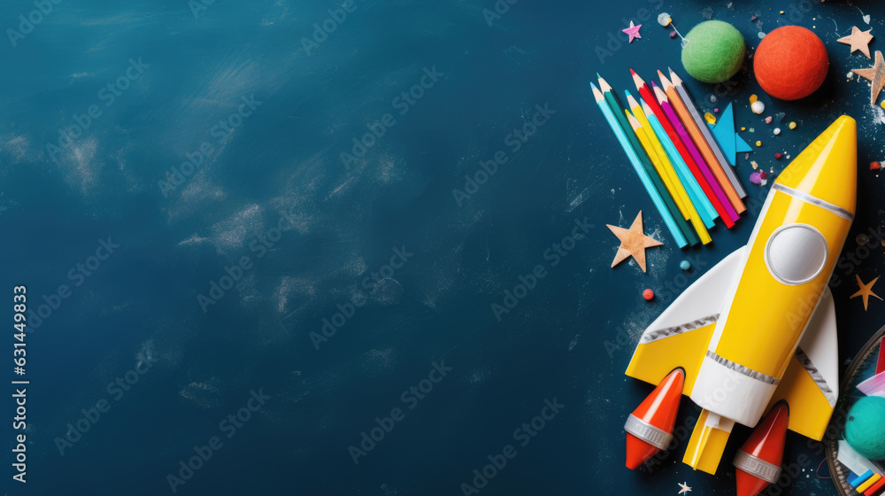 Poster back to school concept with a rocket, pencils on a chalkboard background. created with generative ai
