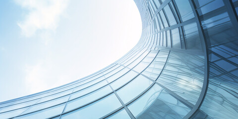 Low angle view of futuristic architecture, Skyscraper of office building with curve glass window, 3D - obrazy, fototapety, plakaty