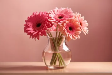 Foto op Plexiglas Beautiful Pink gerbera flowers in a vase on beige table with pink wall background. High Quality Image. Generative Ai © Taki