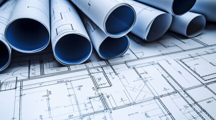Paper rolls of architectural drawings and blueprint background