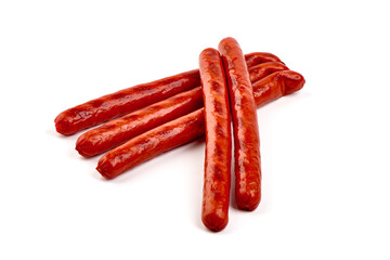 Grilled thin sausages bbq, close-up, isolated on white background.