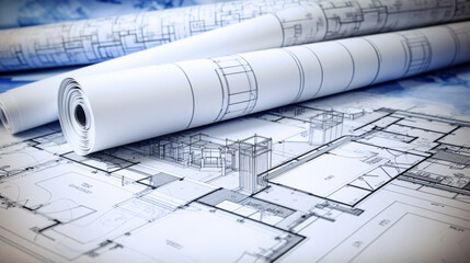 Paper rolls of architectural drawings and blueprint background