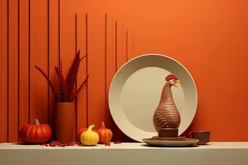 Fotobehang Decoración minimalista para thanksgiving roja y naranja, fiesta de thanksgiving, invitación a evento de otoño  © Loktor
