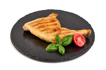Grilled chicken quarter, isolated on white background.