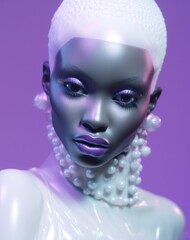 A stunning portrait of an african american woman adorned in sparkling diamonds, vibrant purple lipstick and violet makeup, her wild white hair giving her the air of a beautiful doll or mannequin