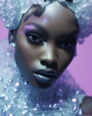 A beautiful portrait of an afro-american woman with a white crown, dazzling diamonds, and a glamorous look of blue eyeshadow, violet lipstick, and lush eyelashes captures the essence of modern fashio