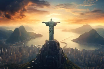 Fototapete Brasilien Large statue of Jesus Christ the Redeemer above a beautiful sunset over a utopian lake with skyscrapers and moutains