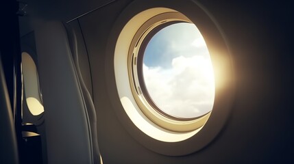Luxury Modern Business Jet Interior. State-of-the-Art Aircraft Cabin. Extravagant Comfort and Style. Private Jet Travel with Opulence. Bathed in Sunlight and Panoramic Views. Generative Ai