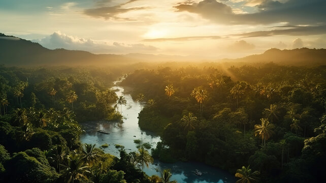 Beautiful view of the Amazon jungle at sunrise. Generative AI