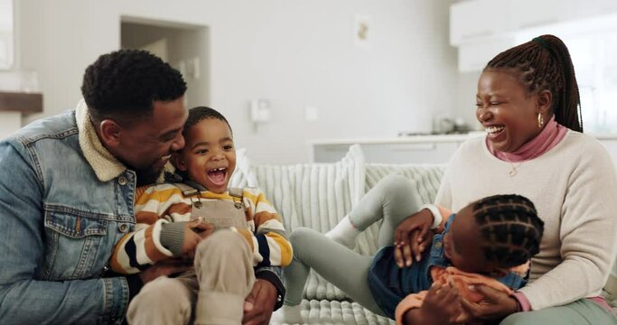 Black family of mother, father and children on sofa for bonding, healthy relationship and relax in living room. Happy, playful and African mom, dad and kids laughing on couch for fun, cuddle and love