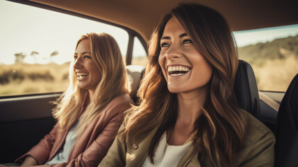 Laughing young woman driving a car with her girl friend. Created with Generative AI technology.