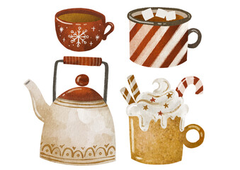 Isolated holiday drinks illustration. Hot chocolate, coffee, marshmallows, sugar cane, teapot, whipped cream. Watercolor Christmas treats collection. Seasonal illustration for winter, posters, cards.