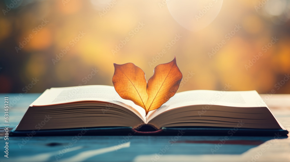 Poster opened book pages with autumn leaf in shape of heart on blurred background.created with generative a