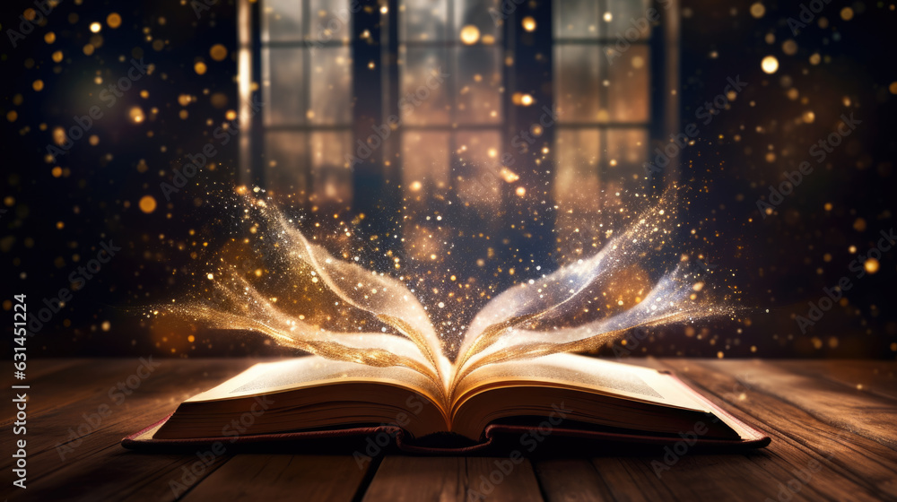 Poster magic book with open antique pages and abstract bokeh lights glowing in dark background. created wit