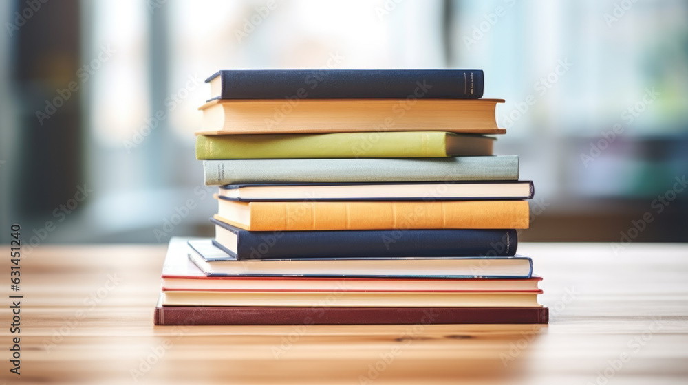 Poster stack of books on wooden table against a blurred background. created with generative ai technology.