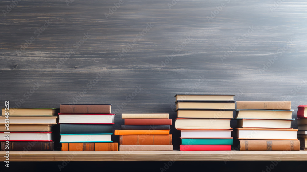 Poster stack of books on wooden table against a wooden background. created with generative ai technology.