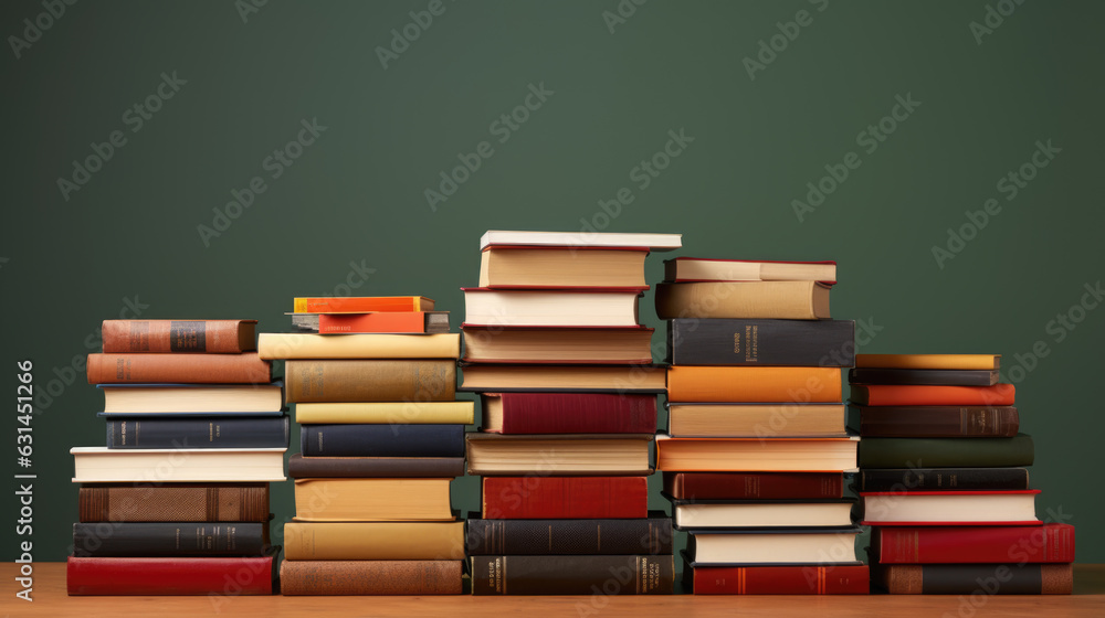 Aufkleber stack of books on wooden table against a dark green background. created with generative ai technolog
